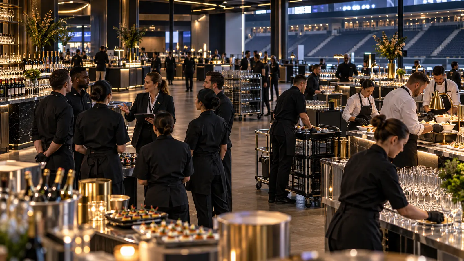 Event hospitality and catering team coordinating service stations, stock, production and venue operations.