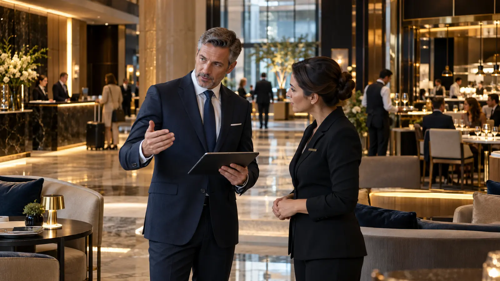 Hospitality operations consultant reviewing hotel service workflows with an operations manager during an independent audit.