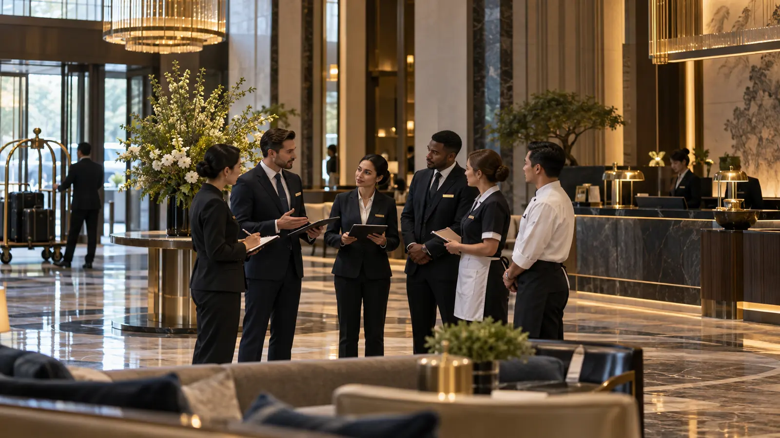 Hotel operations team coordinating front office, housekeeping and food and beverage service in a luxury property.