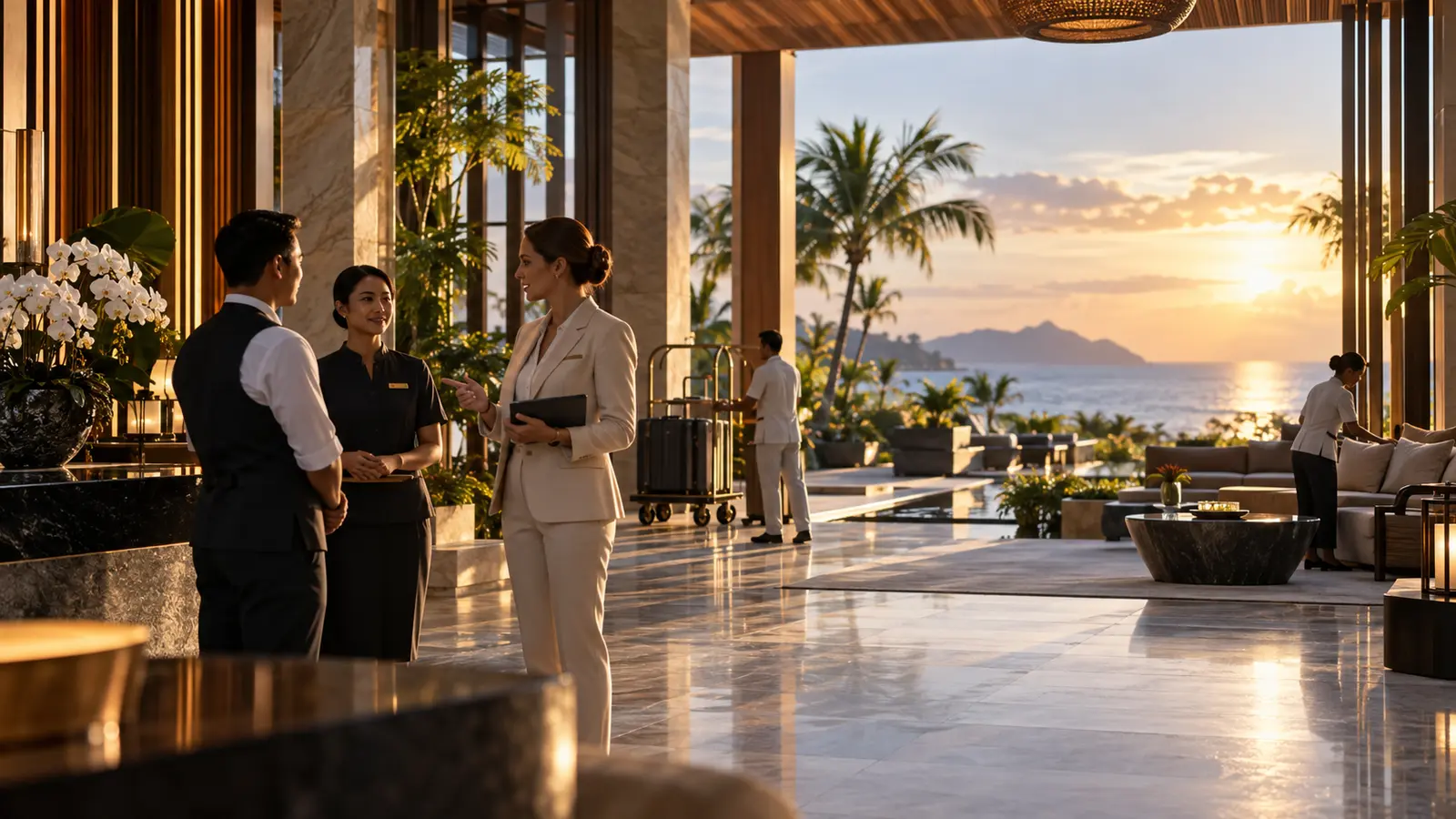 Resort operations team preparing guest arrivals, service delivery and the luxury destination experience.