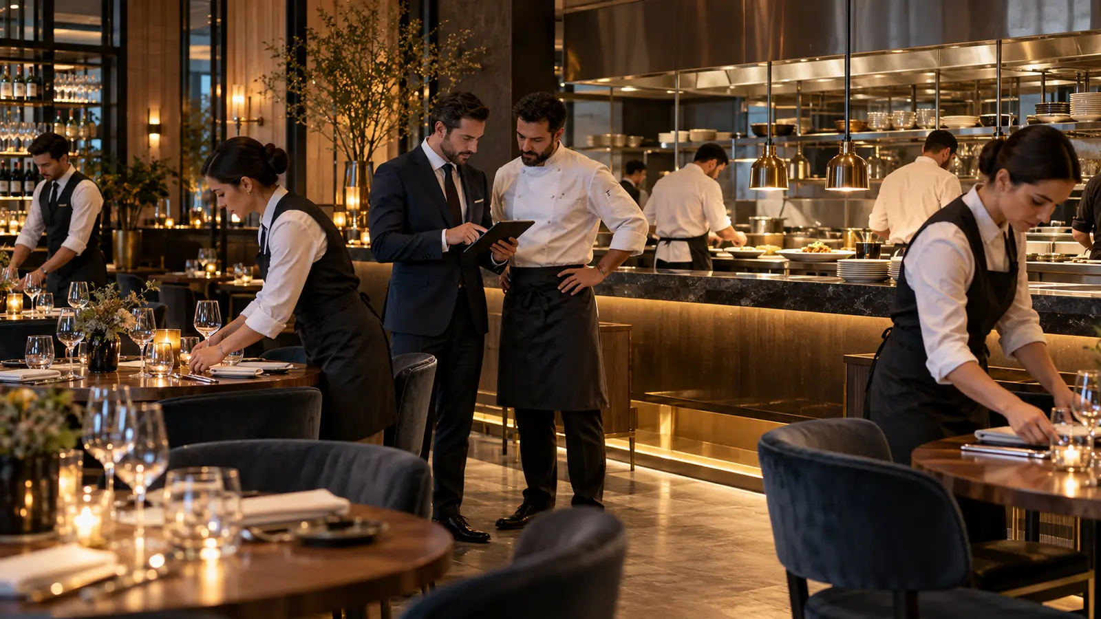 Restaurant manager, chef and service team coordinating restaurant operations and guest experience before service.